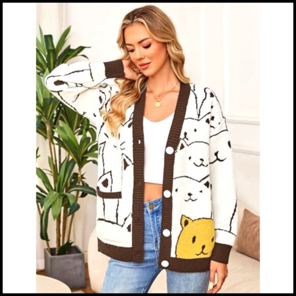 Oversized Chunky Knit Cardigan with Cat Print, V-Neck, Button Front - Picture 4 of 7